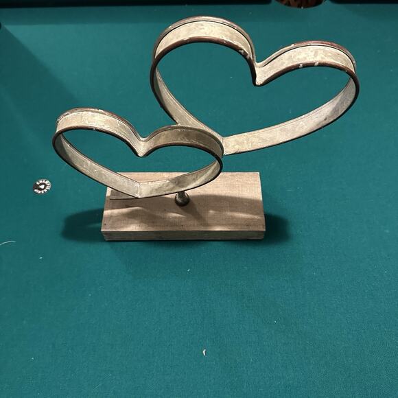 Rustic Metal Double Heart Sculpture on Wood Base 13” Farmhouse Tabletop Decor - Picture 3 of 7